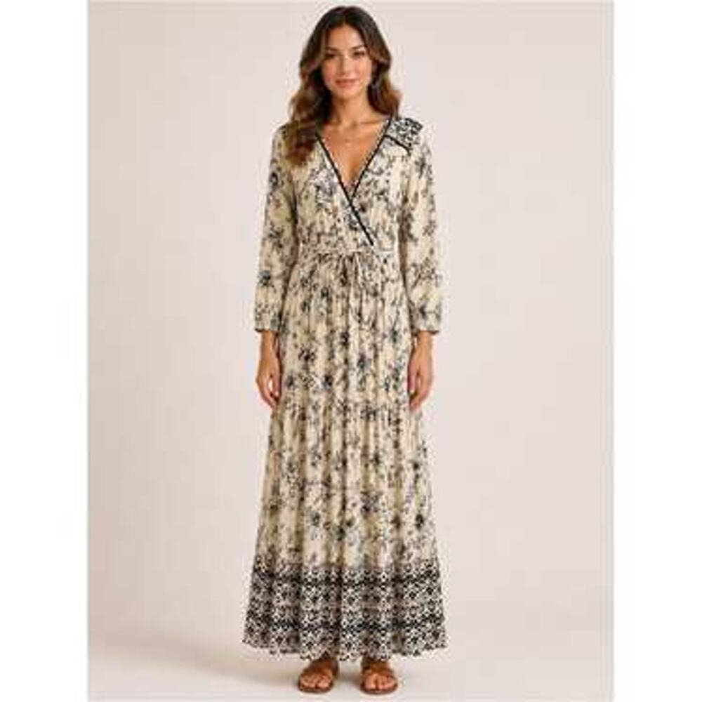 Knox Rose Women’s Boho Floral Print Surplice Maxi Dress Size L Cream Black